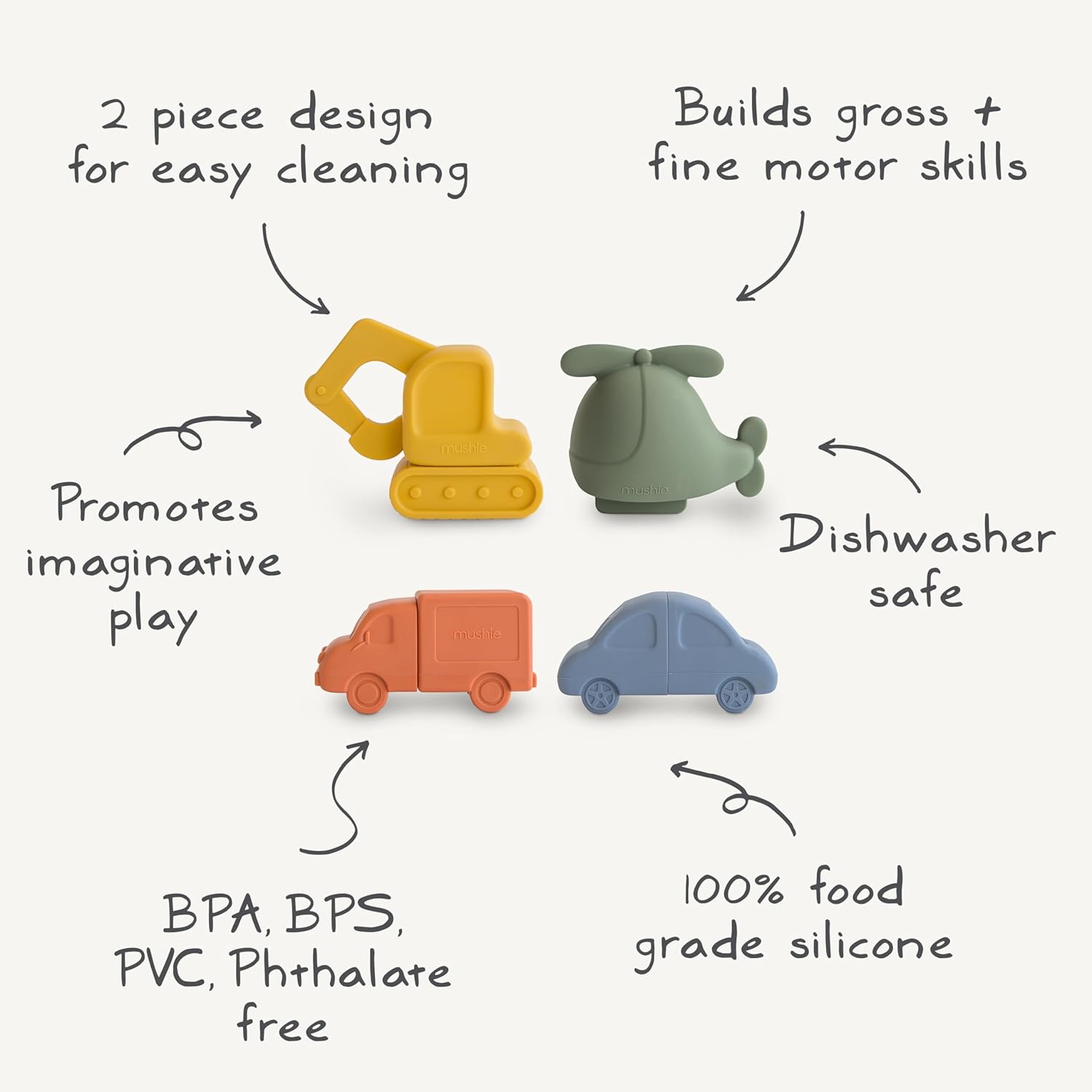 Mushie Vehicles Bath Play Set- Badewannenspielzeug Auto Hubschrauber Bagger 4 Teile 